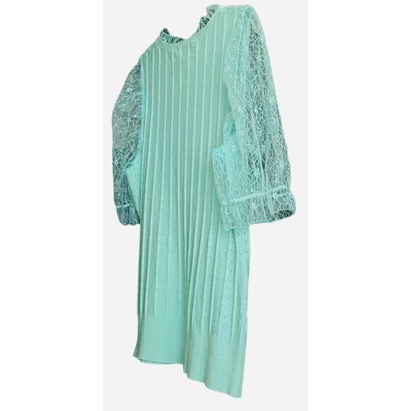 LIQUID BY SIONI SHORT LACE SLEEVE PULL-OVER BLOUSE, WOMENS, L, MINT GREEN, TIE - Picture 5 of 10